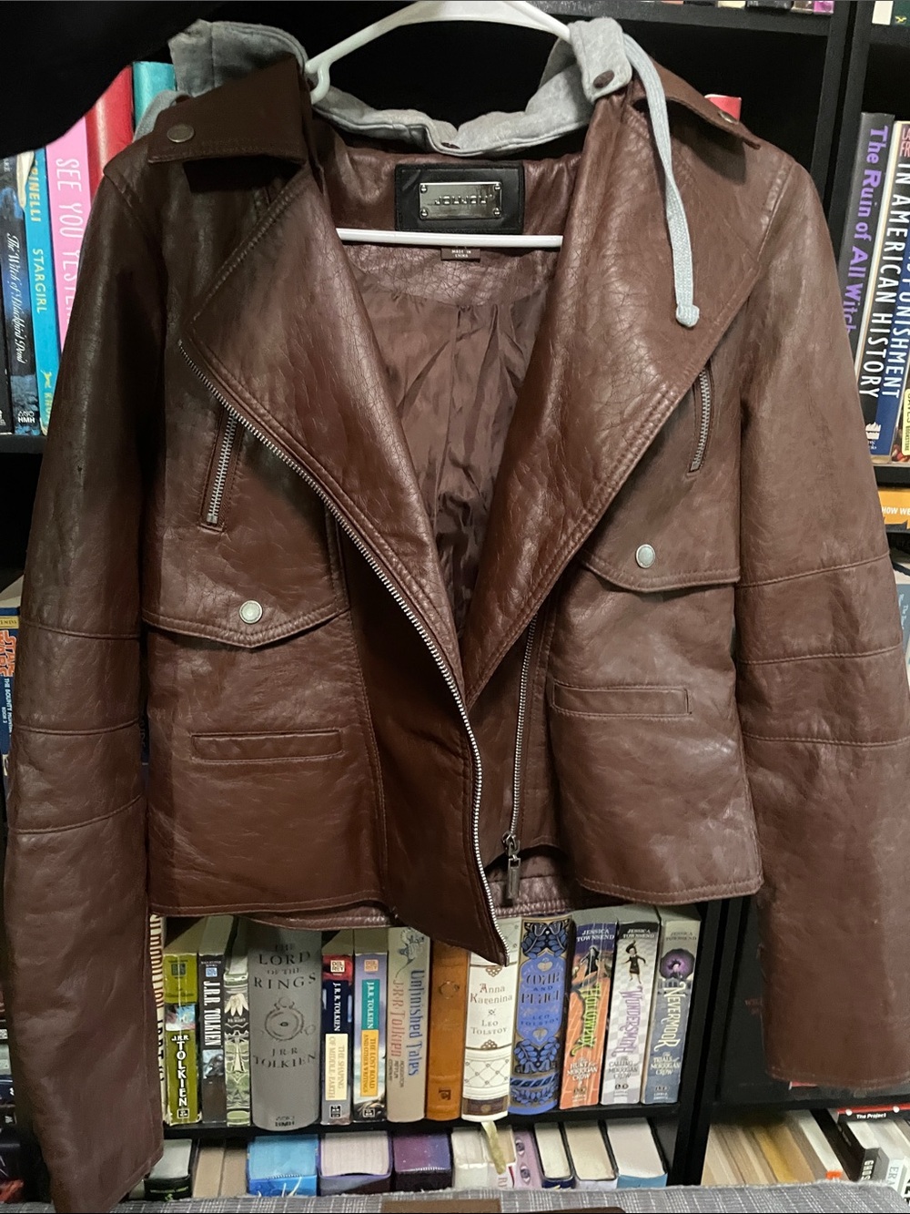 Women's Brown Faux Leather Moto Jacket with Hood